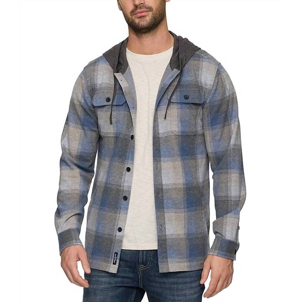 NEW FLAGS & ANTHEM poston hero hooded knit flannel shirt jacket in charcoal/grey